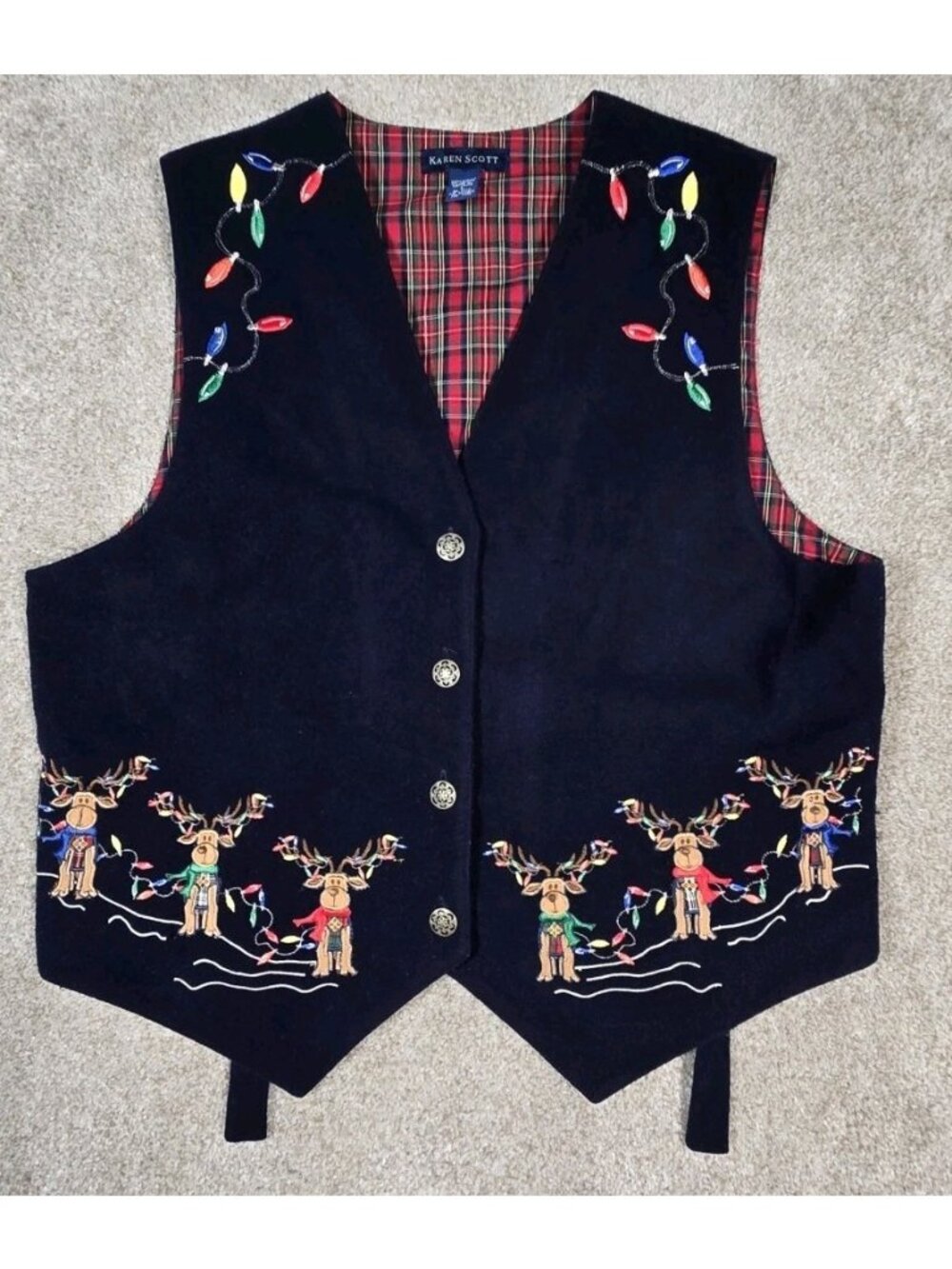 Karen Scott Christmas Vest Reindeer Lights Embroidered Tartan Plaid Holiday sz L